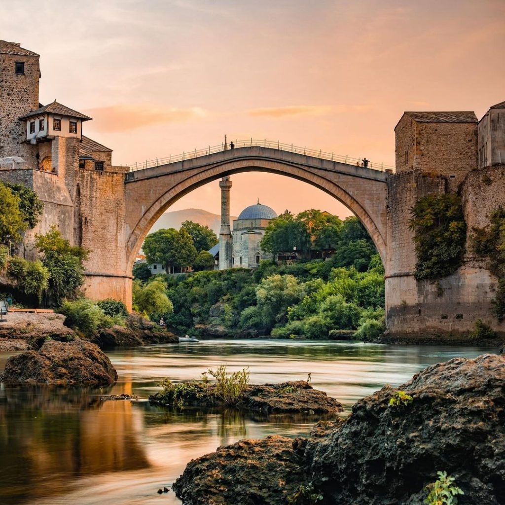 Stari Most, the Old Bridge of Mostar, at sunset